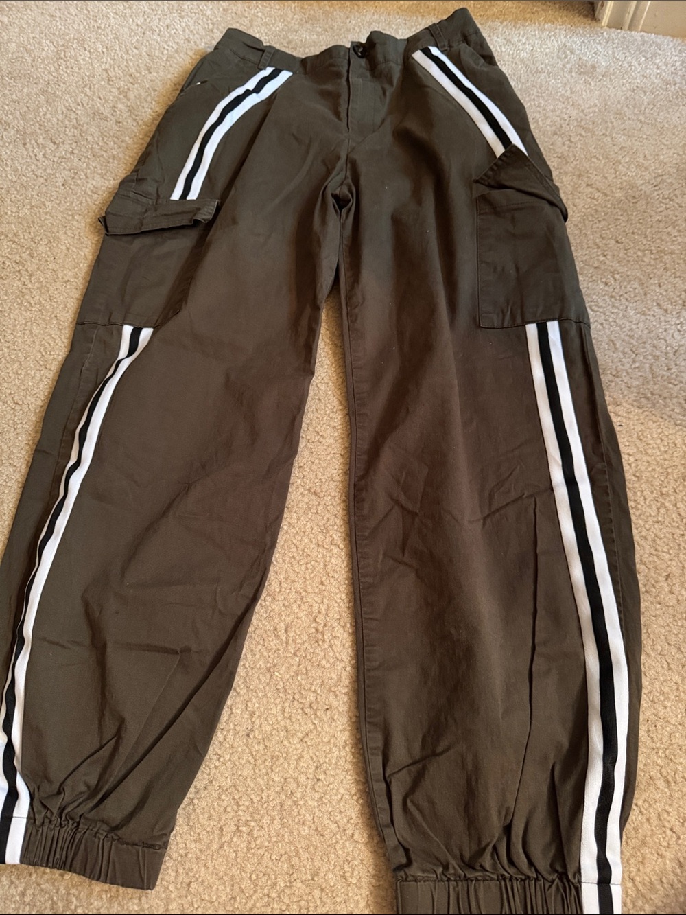 Green Cargo Track Pants with White Stripes - Size Medium